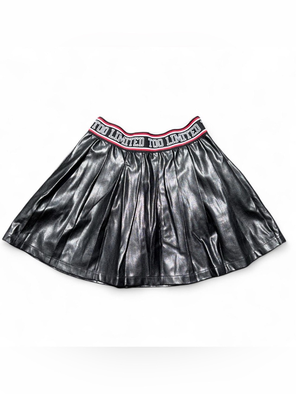 Limited Too black faux leather pleated mini skirt with elastic logo waistband